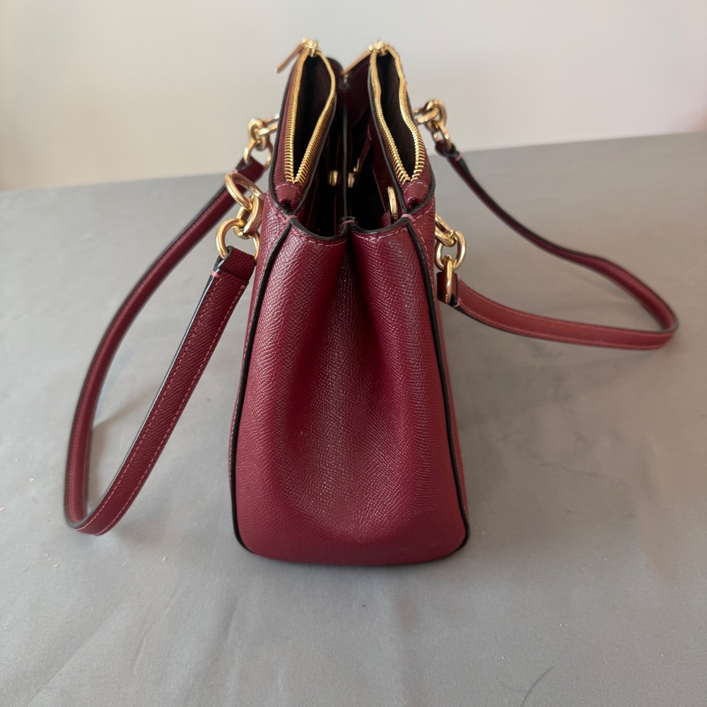 Coach Burgundy ETTA Carryall Crossgrain Leather Triple Zip Gold Hardware Handbag - Picture 9 of 12